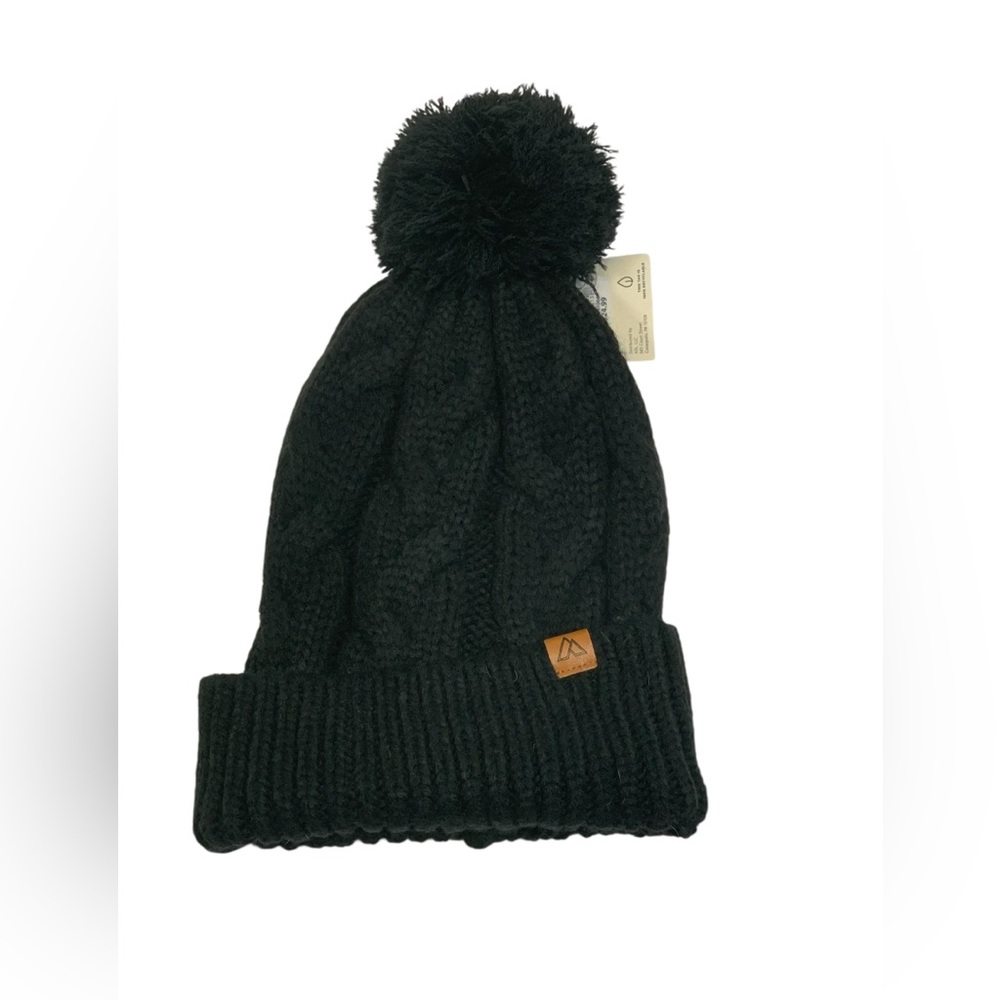 Cable Knit Pom Beanie Womens Black Cozy Winter Fall Hat- Alpine Design- NWT